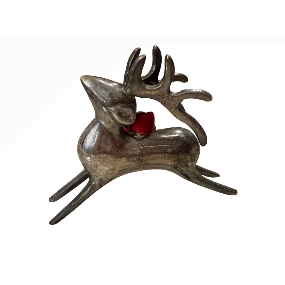 Vtg Pottery Barn Silver-Plated Reindeer Figurine Red Ribbon holiday tree decor